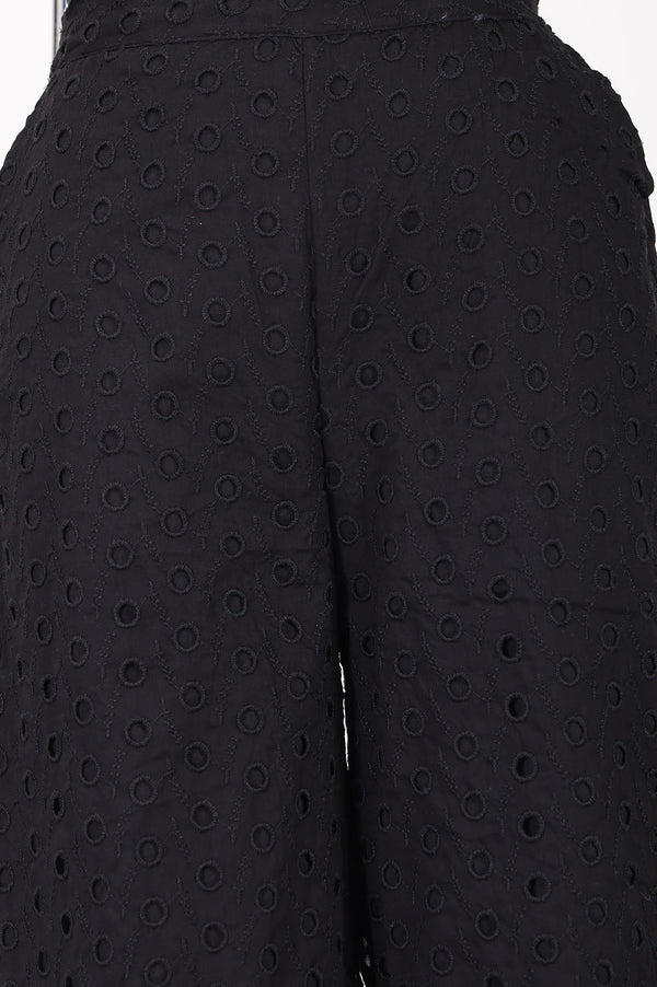 Black Pure Cotton Relaxed Fit Ankle Length Schiffli Palazzo