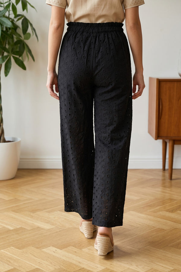 Black Pure Cotton Relaxed Fit Ankle Length Schiffli Palazzo