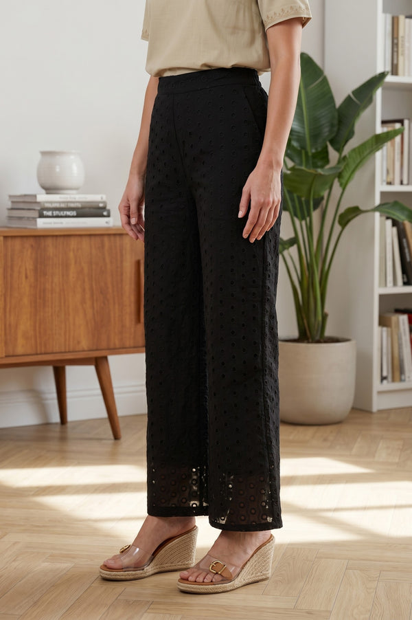 Black Pure Cotton Relaxed Fit Ankle Length Schiffli Palazzo