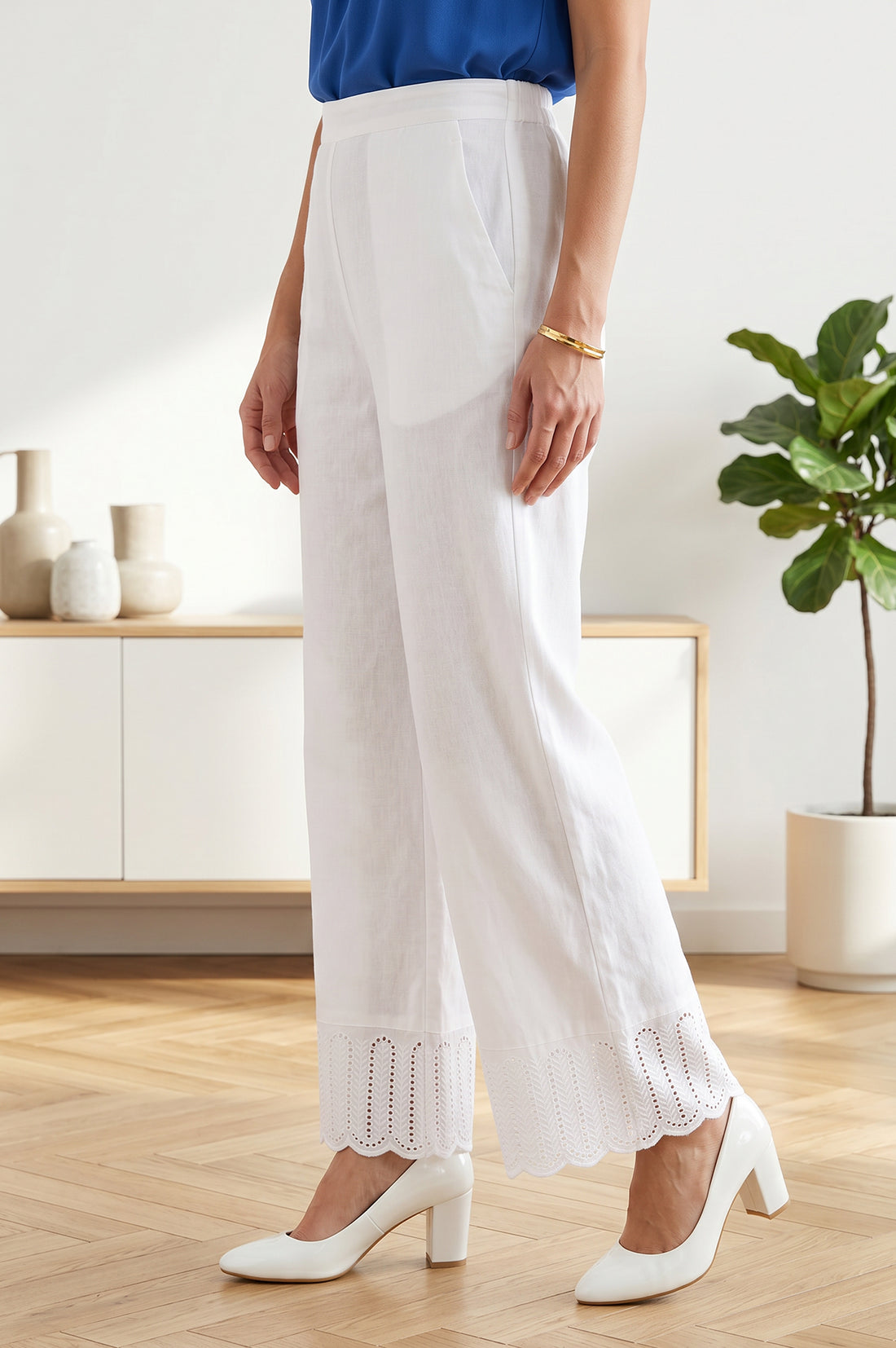 White Solid Schiffily Ankle Length Palazzo