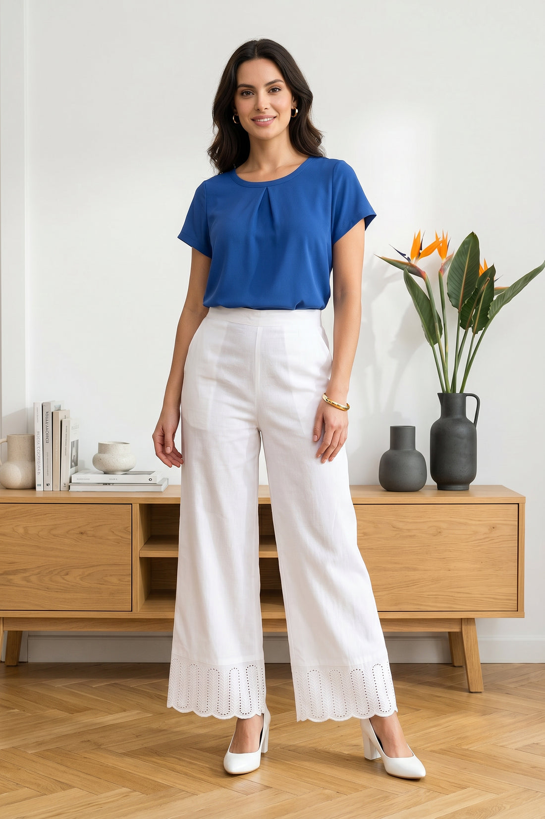 White Solid Schiffily Ankle Length Palazzo
