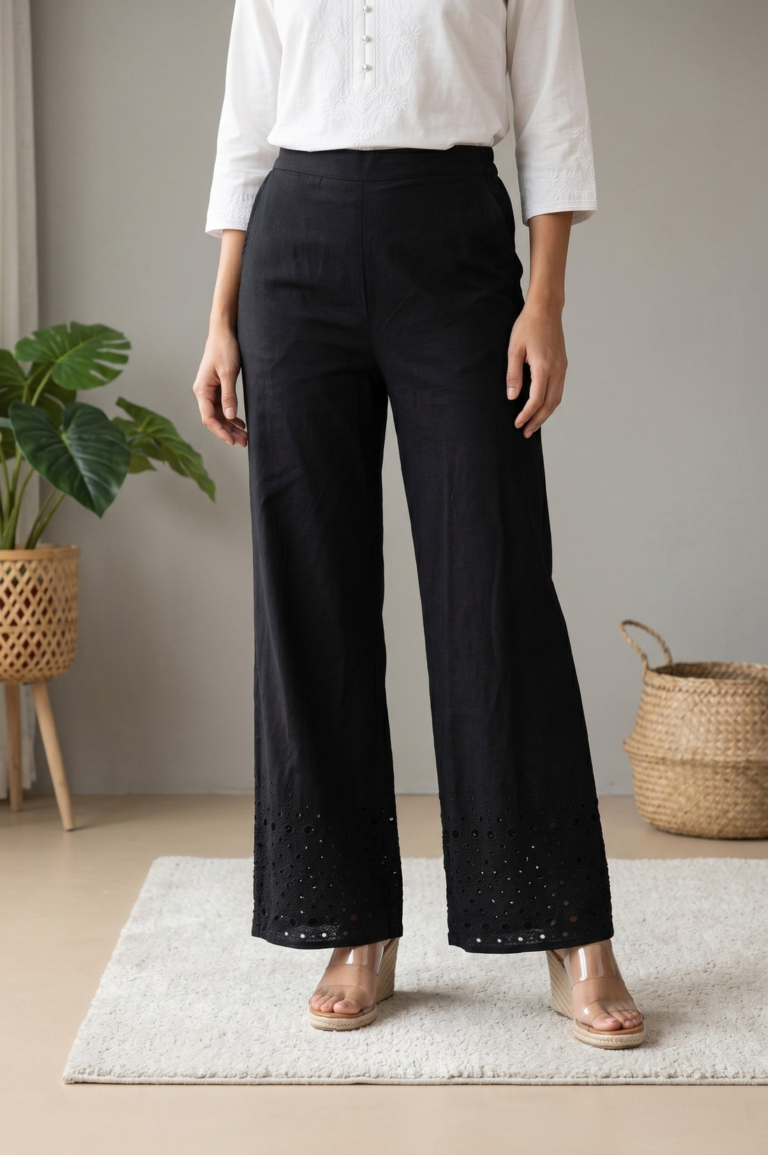 Black Pure Cotton Relaxed Fit Schiffli Palazzo