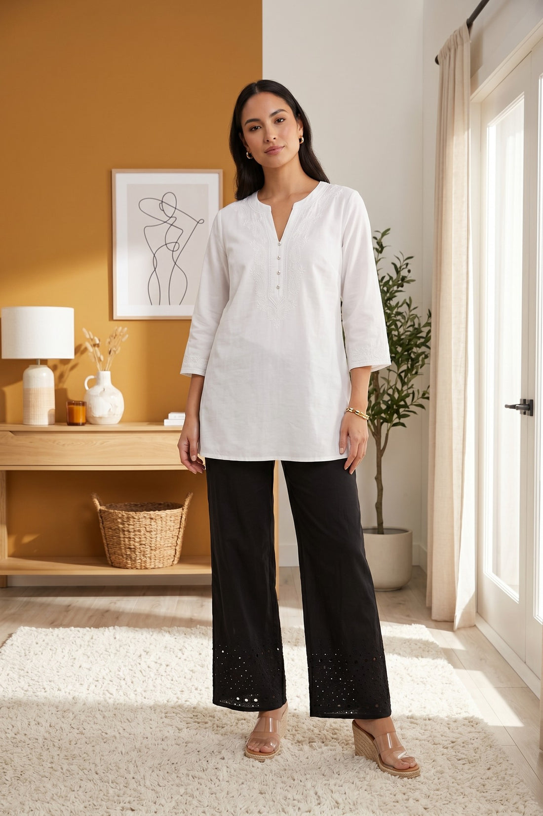 Black Pure Cotton Relaxed Fit Schiffli Palazzo