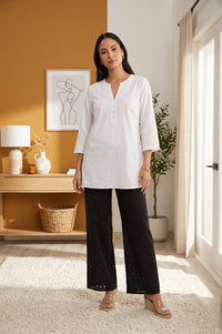 Black Pure Cotton Relaxed Fit Schiffli Palazzo