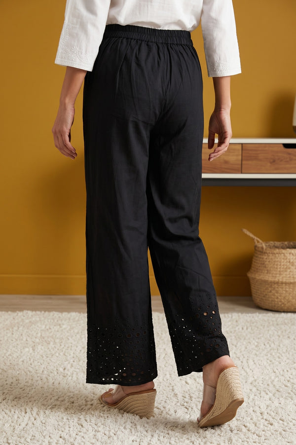 Black Pure Cotton Relaxed Fit Schiffli Palazzo