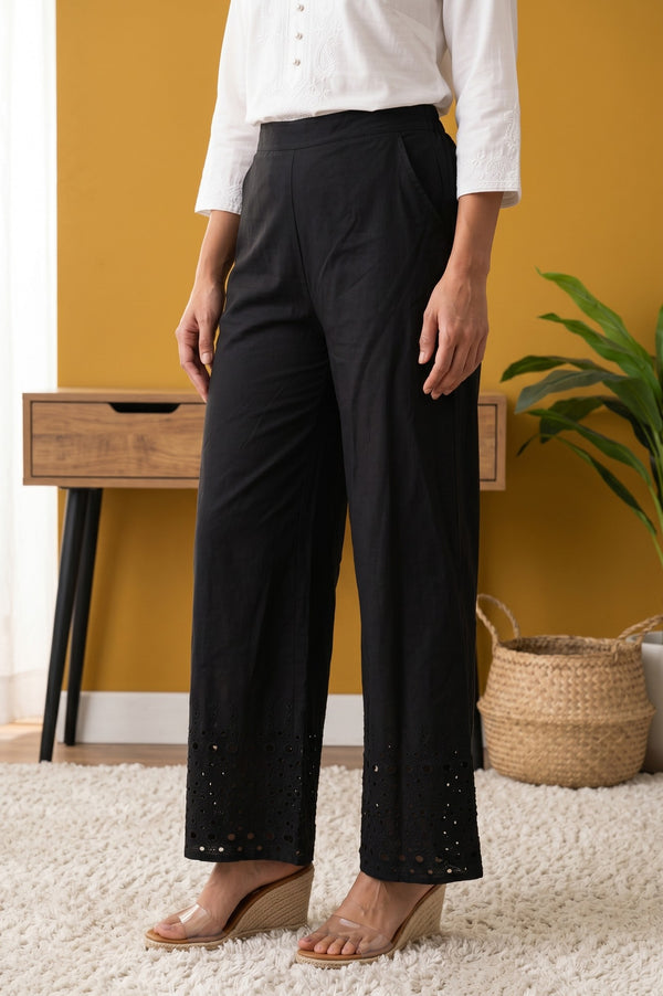 Black Pure Cotton Relaxed Fit Schiffli Palazzo