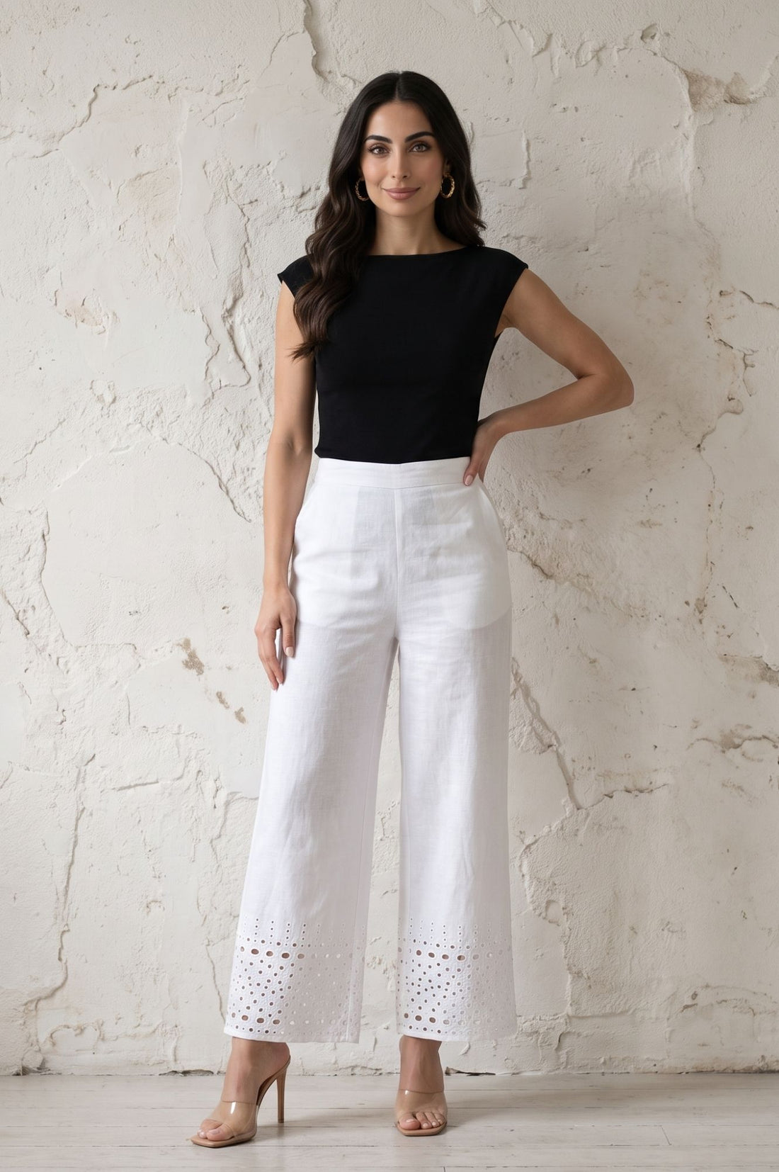 White Schiffly Embroidered Cotton Flax Wide Leg Ankle Length High Rise Palazzo
