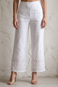 White Schiffly Embroidered Cotton Flax Wide Leg Ankle Length High Rise Palazzo