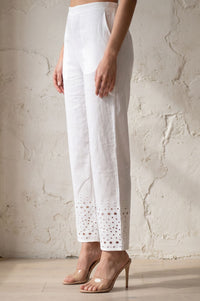 White Schiffly Embroidered Cotton Flax Wide Leg Ankle Length High Rise Palazzo