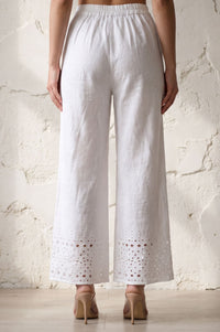 White Schiffly Embroidered Cotton Flax Wide Leg Ankle Length High Rise Palazzo