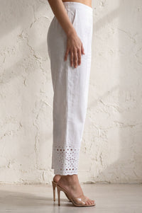 White Schiffly Embroidered Cotton Flax Wide Leg Ankle Length High Rise Palazzo