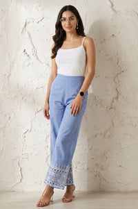 Blue Yarn Dyed Schiffily Chambray Ankle Length Palazzo