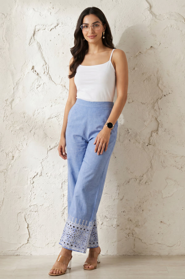 Blue Yarn Dyed Schiffily Chambray Ankle Length Palazzo