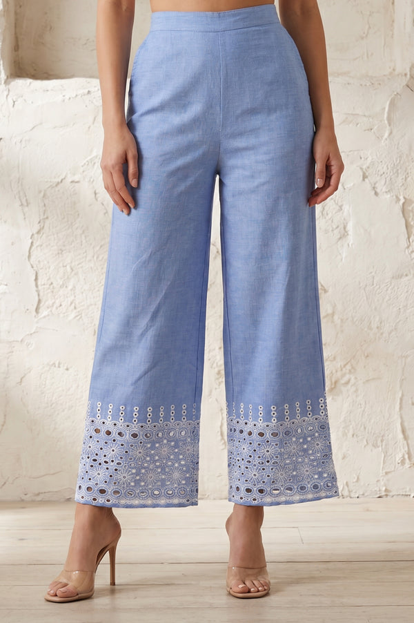 Blue Yarn Dyed Schiffily Chambray Ankle Length Palazzo