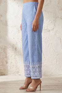Blue Yarn Dyed Schiffily Chambray Ankle Length Palazzo