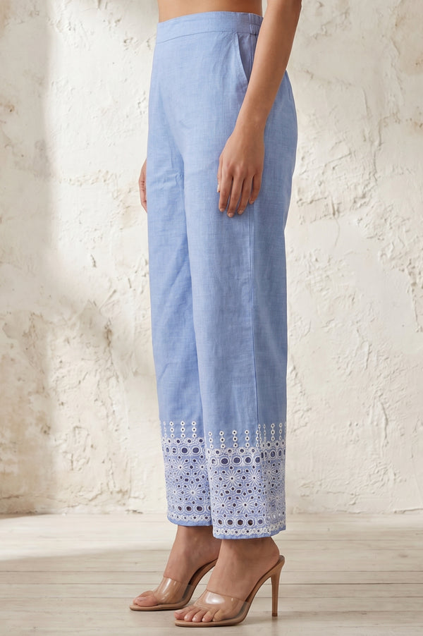 Blue Yarn Dyed Schiffily Chambray Ankle Length Palazzo