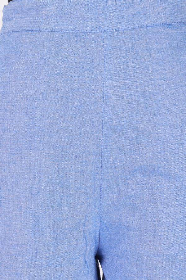 Blue Yarn Dyed Schiffily Chambray Ankle Length Palazzo