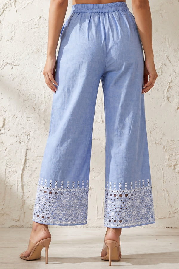 Blue Yarn Dyed Schiffily Chambray Ankle Length Palazzo