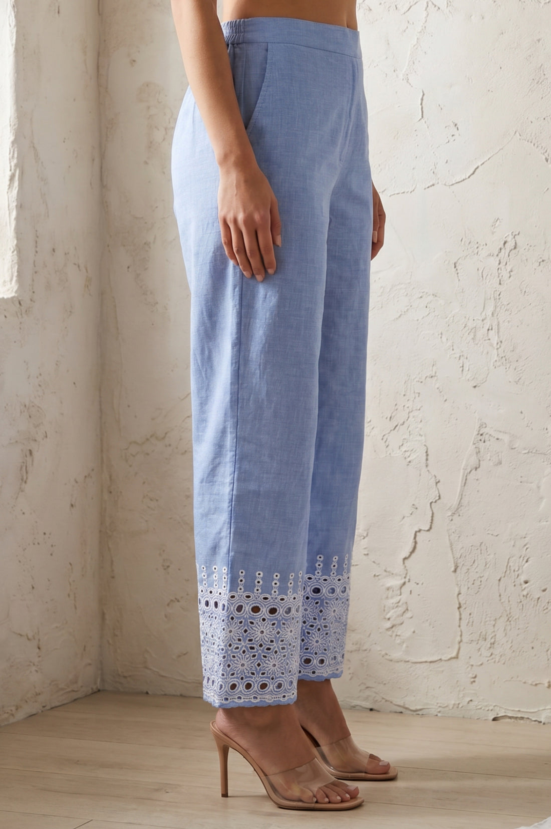 Blue Yarn Dyed Schiffily Chambray Ankle Length Palazzo