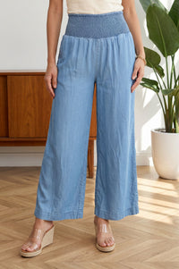Blue Solid Lyocell Ankle Length Flared Palazzo
