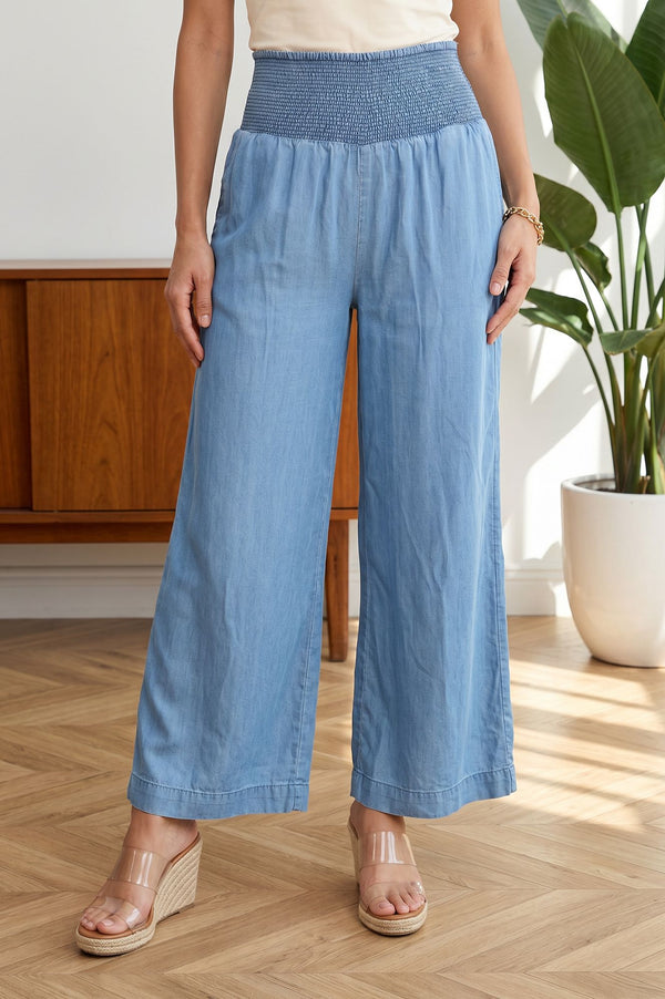 Blue Solid Lyocell Ankle Length Flared Palazzo