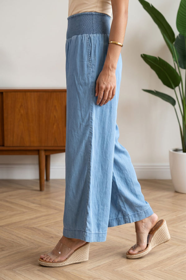 Blue Solid Lyocell Ankle Length Flared Palazzo