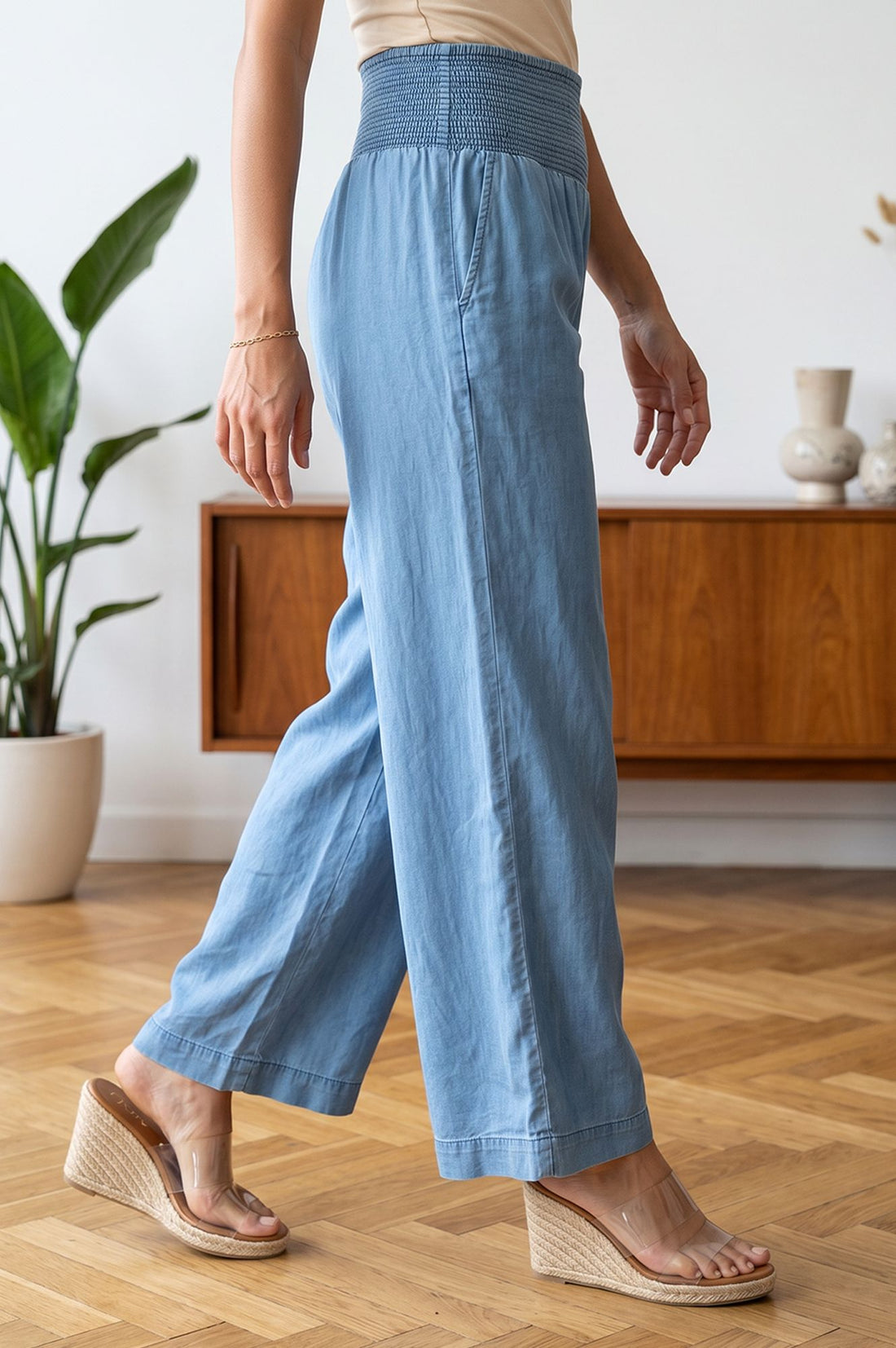 Blue Solid Lyocell Ankle Length Flared Palazzo