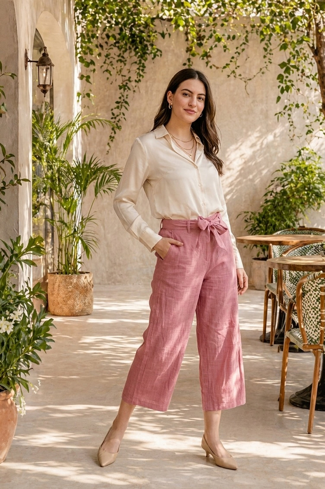 Pink Solid Rayon Wide Leg Palazzo