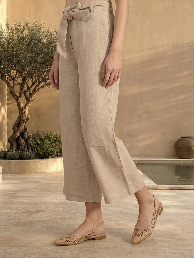 Beige Solid Rayon Wide Leg Palazzo