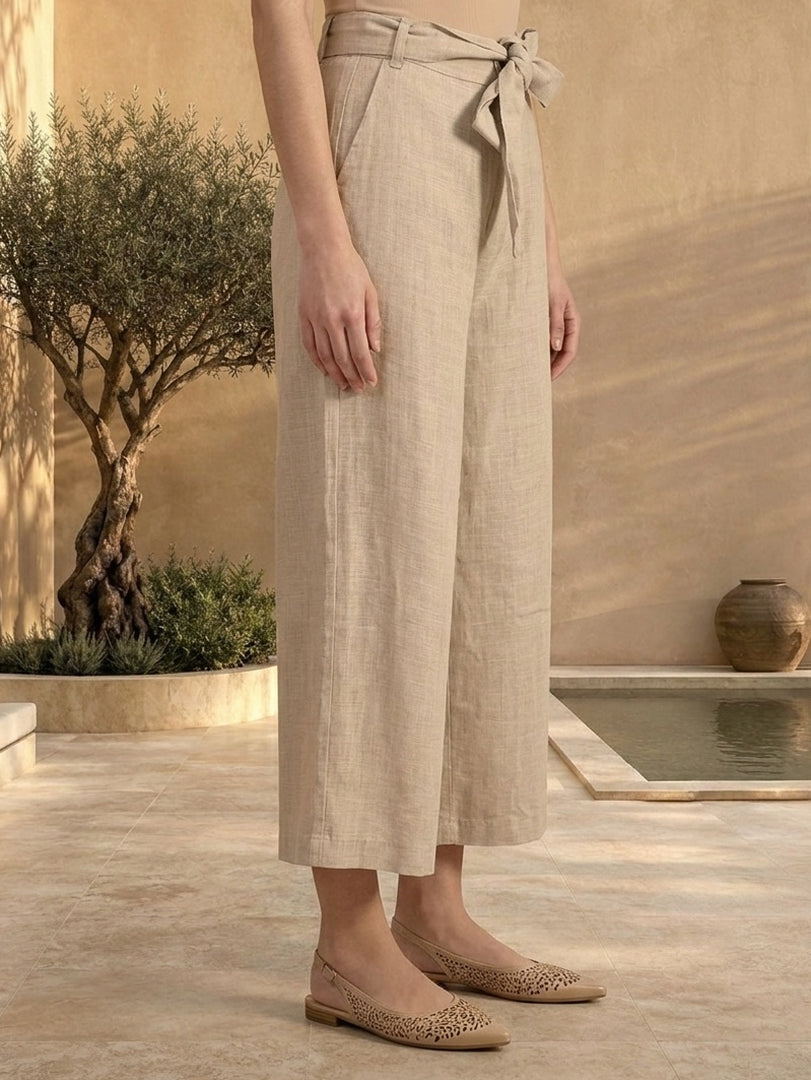 Beige Solid Rayon Wide Leg Palazzo