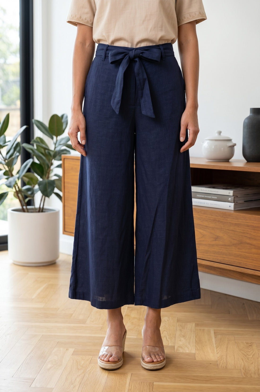 Navy Blue Pure Cotton High Rise Ankle Length Palazzo
