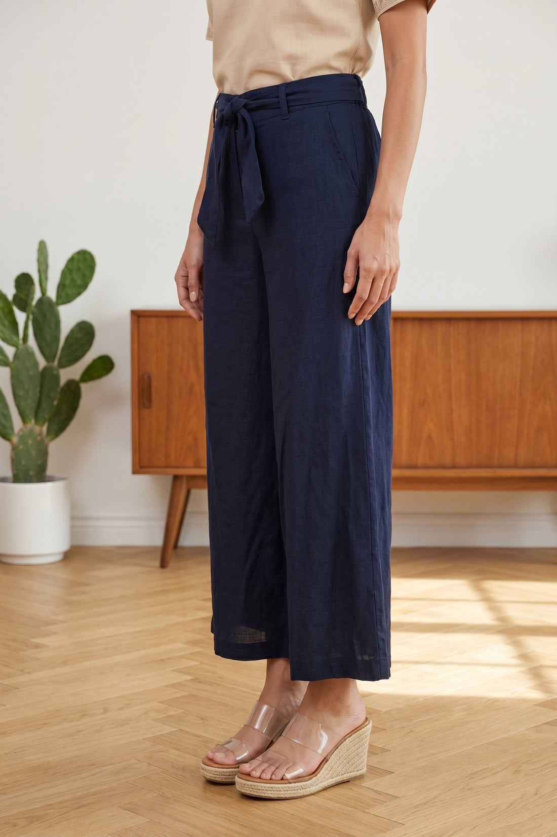 Navy Blue Pure Cotton High Rise Ankle Length Palazzo