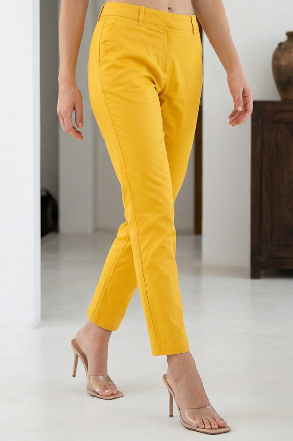 Elleven Women's Yellow Solid Cotton Spandex Slim Fit Trousers