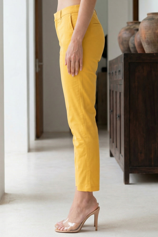 Elleven Women's Yellow Solid Cotton Spandex Slim Fit Trousers