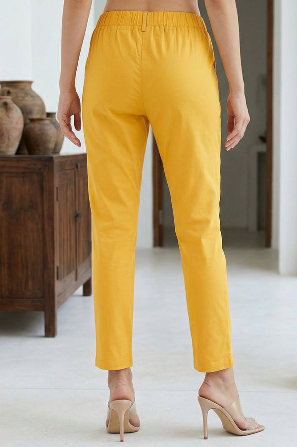 Elleven Women's Yellow Solid Cotton Spandex Slim Fit Trousers