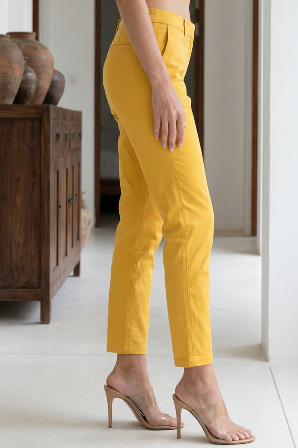 Elleven Women's Yellow Solid Cotton Spandex Slim Fit Trousers