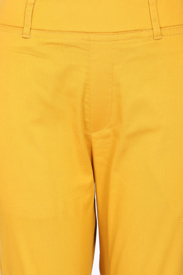 Elleven Women's Yellow Solid Cotton Spandex Slim Fit Trousers