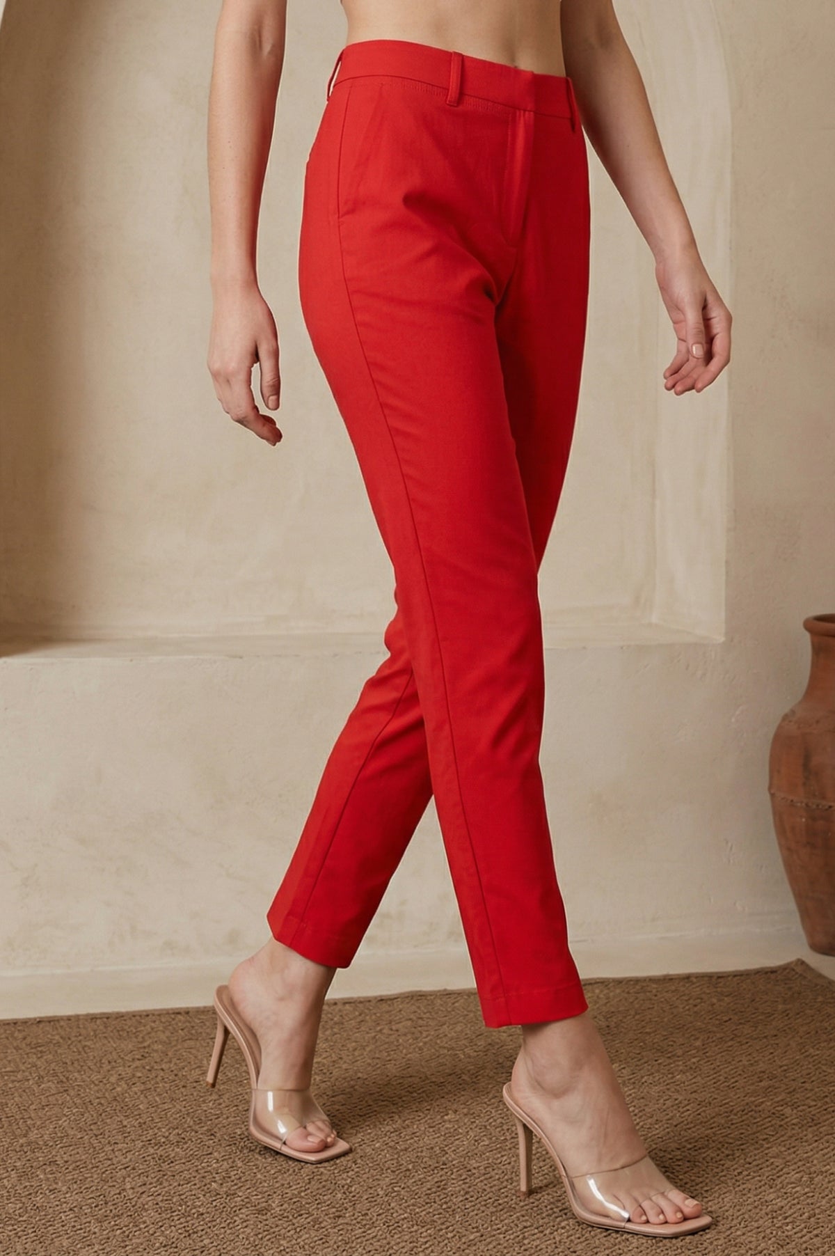 Elleven Women's Red Solid Cotton Blend Slim Fit Ankle Length Trousers - S