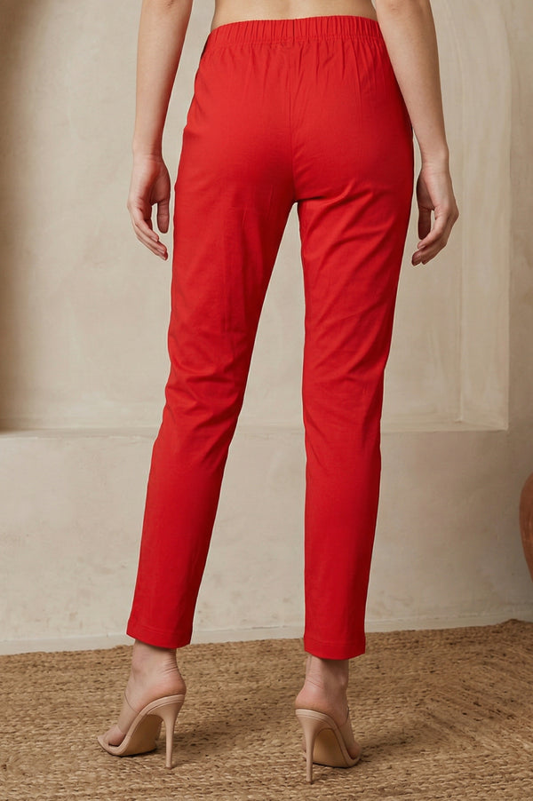 Elleven Women's Red Solid Cotton Blend Slim Fit Ankle Length Trousers