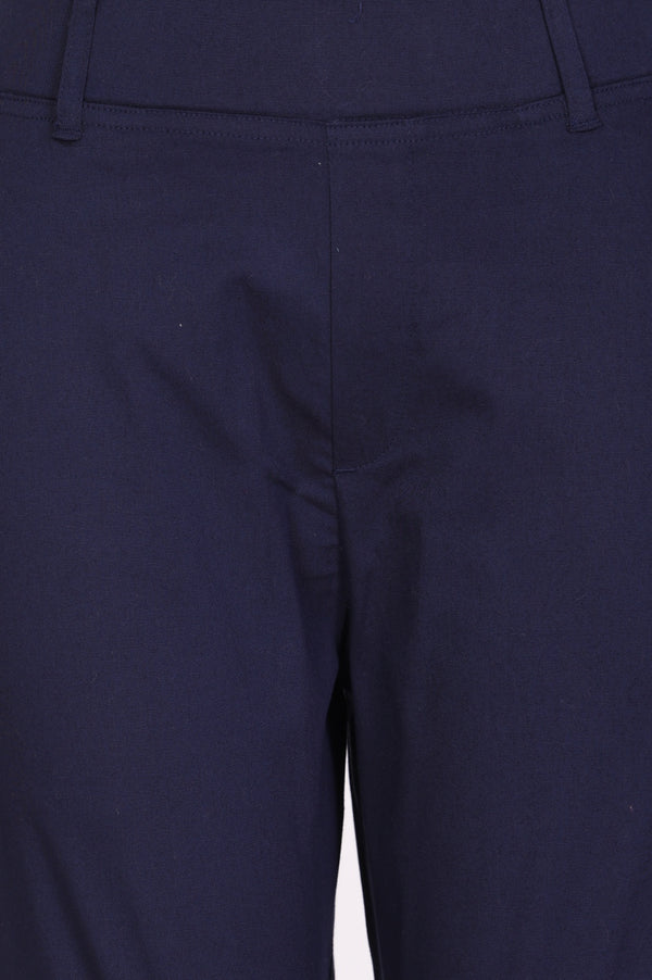 Elleven Women's Navy Blue Solid Cotton Spandex Slim Fit Trousers