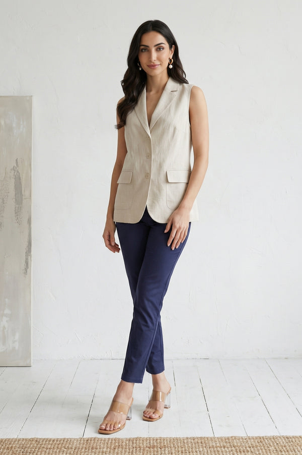 Elleven Women's Navy Blue Solid Cotton Spandex Slim Fit Trousers