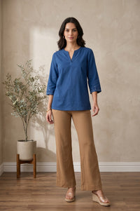 Dark Beige Solid Cotton Blend Relaxed Fit Wide Leg Ankle Length Mid Rise Pants