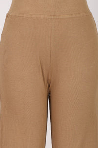 Dark Beige Solid Cotton Blend Relaxed Fit Wide Leg Ankle Length Mid Rise Pants