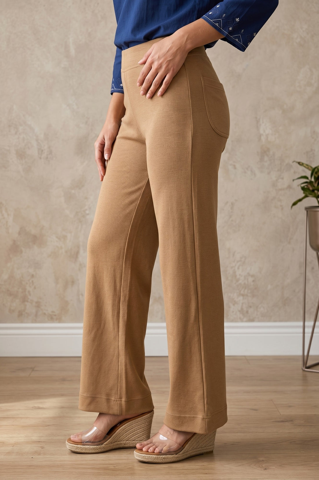 Dark Beige Solid Cotton Blend Relaxed Fit Wide Leg Ankle Length Mid Rise Pants