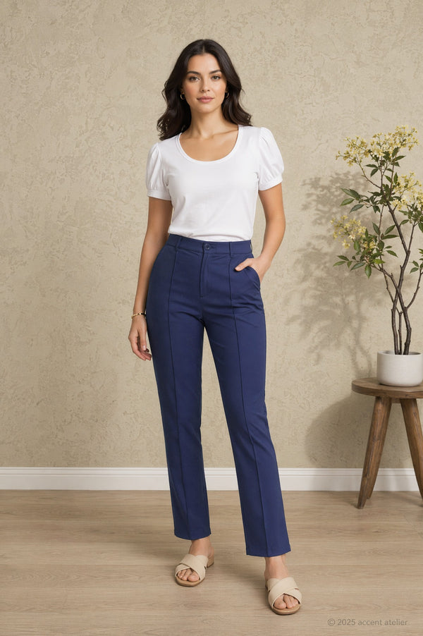 Navy Blue Solid Straight Fit Ankle Length Work Pant