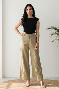 Light Beige Solid Lyocell High-Rise Wide-Leg Pants