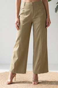 Light Beige Solid Lyocell High-Rise Wide-Leg Pants