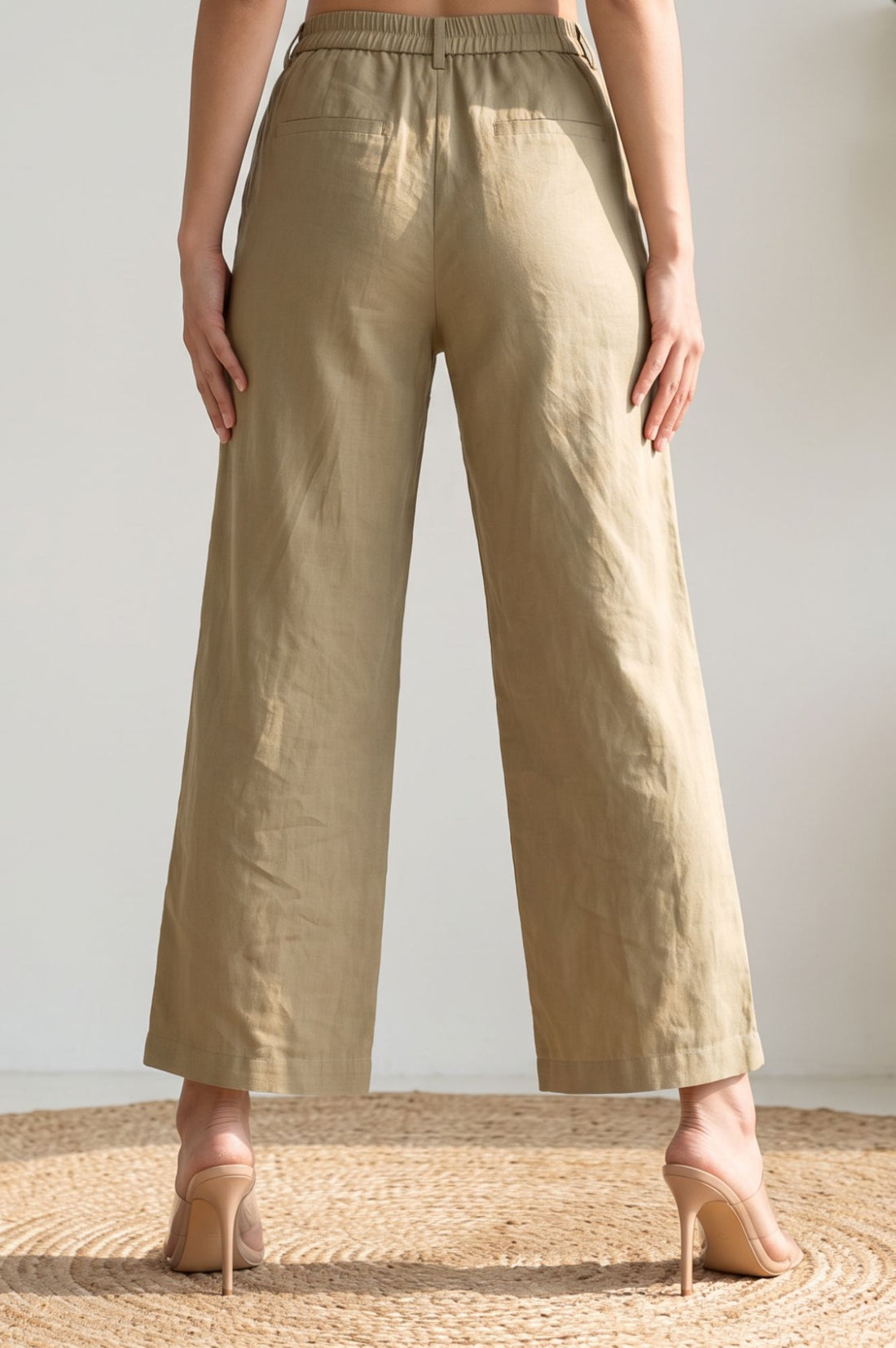 Light Beige Solid Lyocell High-Rise Wide-Leg Pants