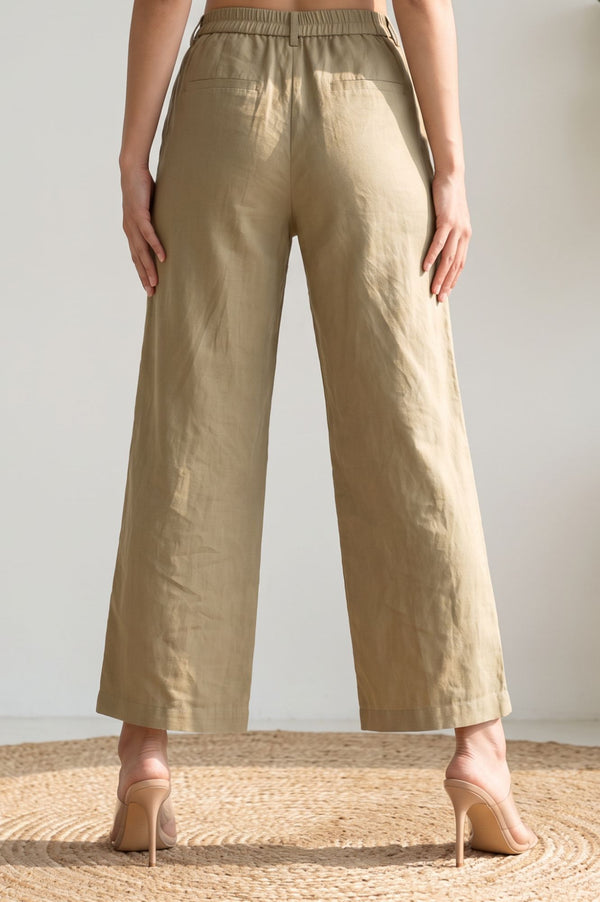 Light Beige Solid Lyocell High-Rise Wide-Leg Pants