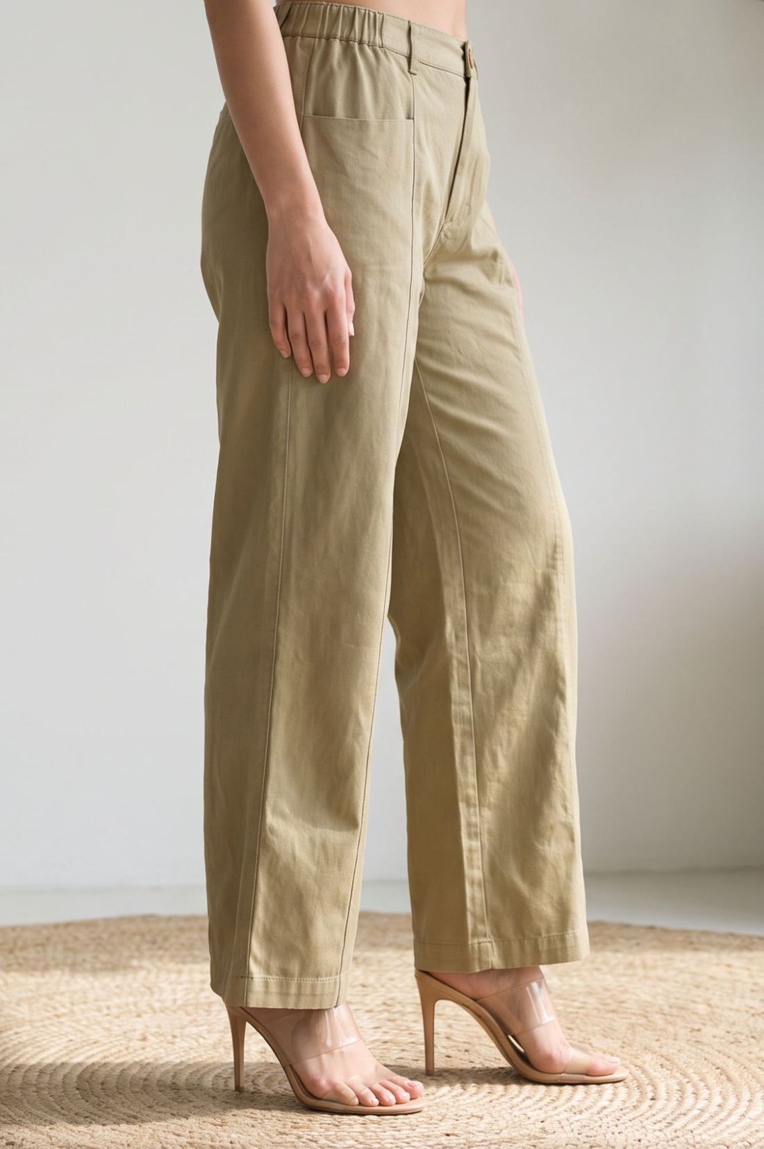 Light Beige Solid Lyocell High-Rise Wide-Leg Pants